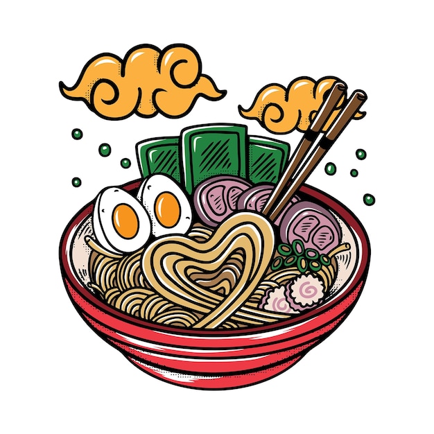 Ramen noodle bowl lover met eiervlees en eetstokje in vector cartoon tekenstijl