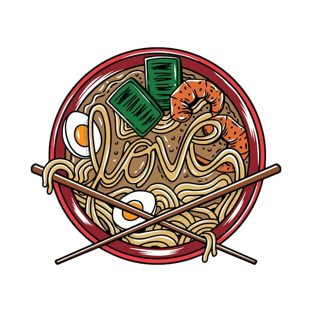 Ramen noodle bowl lover met eiervlees en eetstokje in vector cartoon tekenstijl