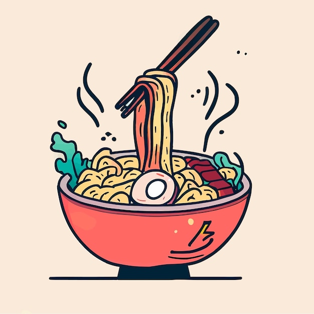 Ramen noodle bowl lover with egg meat and chopstick in vector cartoon drawing style