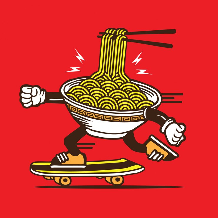 Vector ramen noodle bowl skateboarding character design