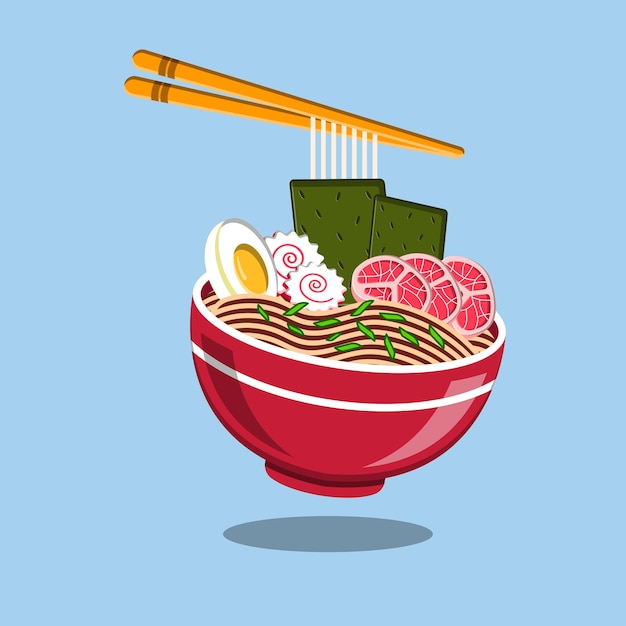 Ramen noodle egg and meat with chopstick vector