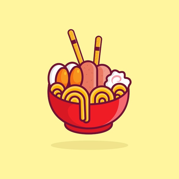 Ramen noodle ei en vlees met eetstokje cartoon voedsel vector pictogram illustratie