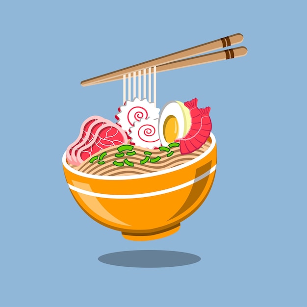 Ramen noodle ei vlees gebakken garnalen met eetstokje cartoon