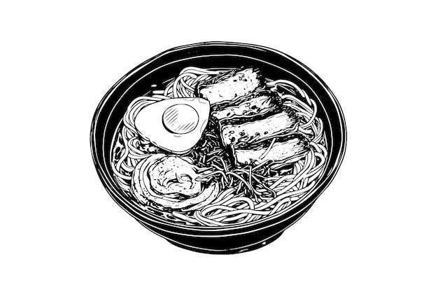 Vector ramen noodle japanese food vector engraving style illustration ink sketch logo or menu concept