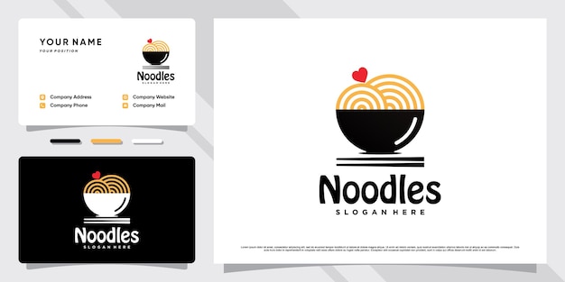 Ramen noodle logo ontwerp illustratie met kom pictogram en visitekaartje sjabloon
