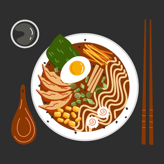 Ramen noodle soup with vegetables and meat Asianfood Top view Hand drawn illustration Isolated