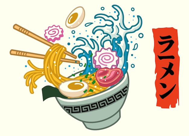 Vector ramen noodle van japanse kunst met japans schrift betekent ramen