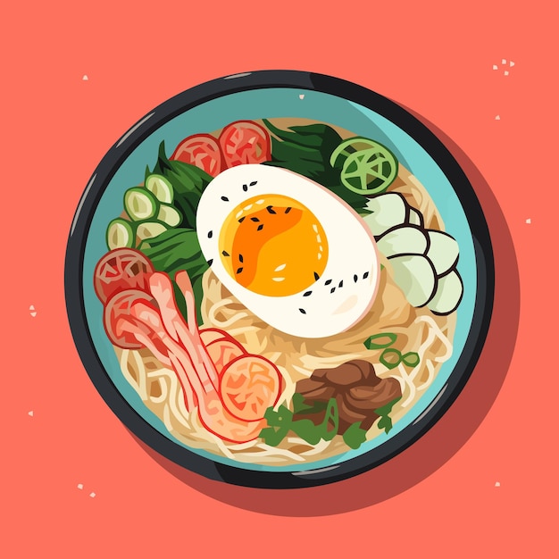 Ramen noodle with big egg in bowl cartoon vector hand drawn illustration