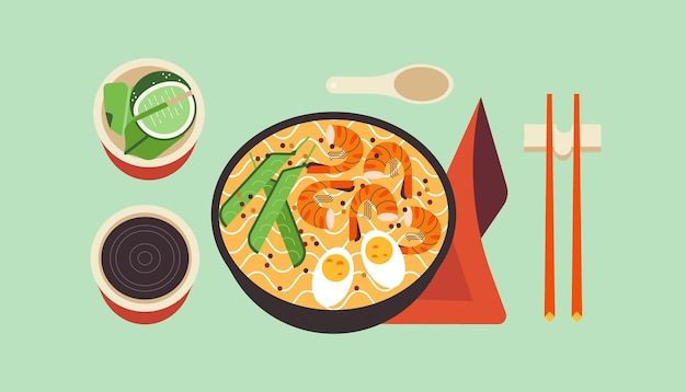 Ramen noodles bowl with spicy hot thai food asian soup with egg shrimp and young peas