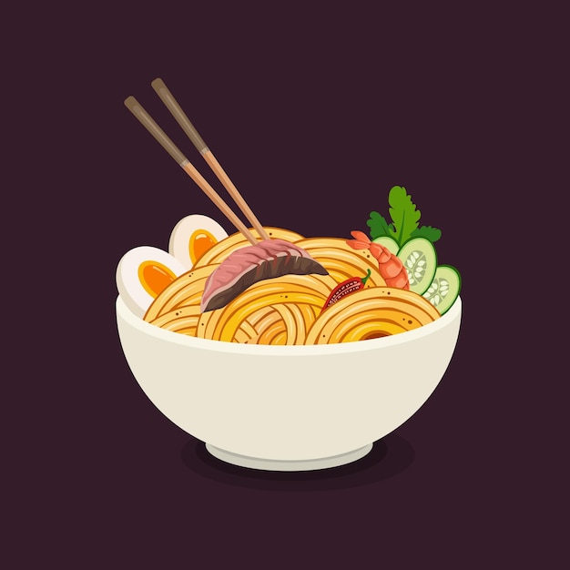 Vector ramen noodles breakfast bowl delicious food vector illustration