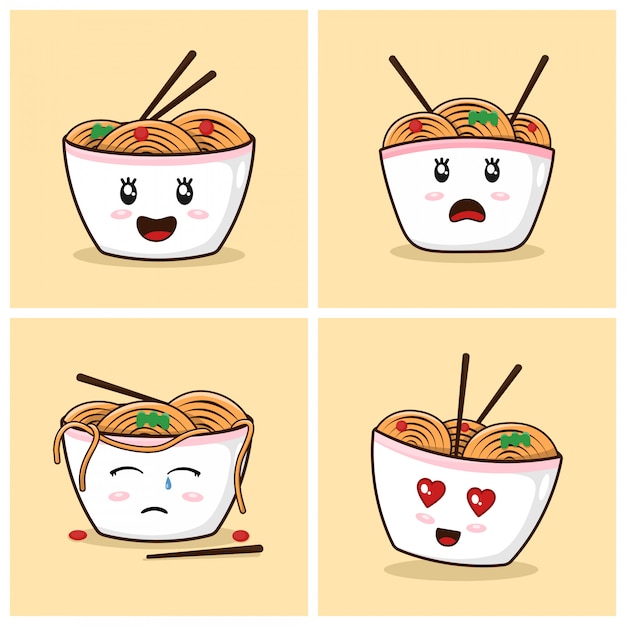 Ramen noodles cute cartoon met emoties