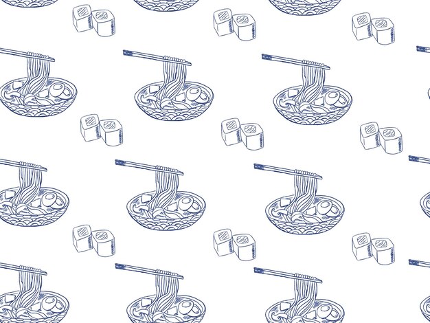 Ramen noodles and sushi illustration design. Seamless pattern. Asian ramen bawl with ingredient.