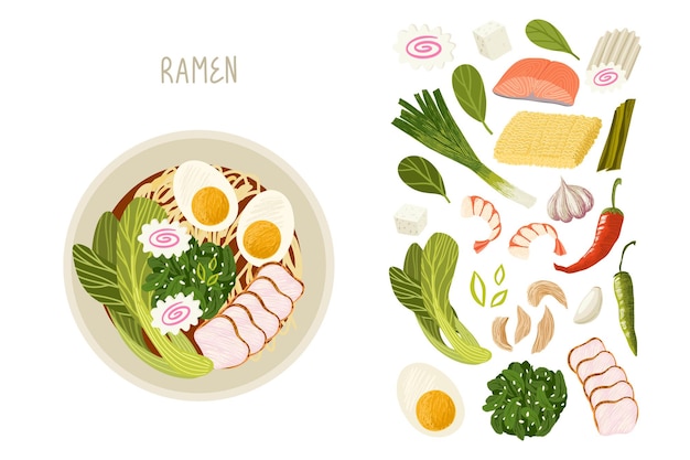 Ramen recept sjabloon. Traditionele Aziatische keuken. Plat liggend. Vector clipart