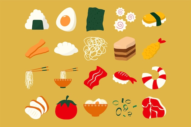 Vector ramen toppings illustration set