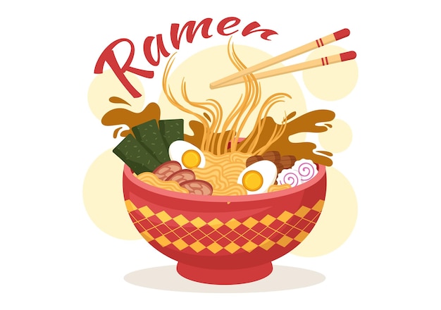 Ramen vector illustration of japanese food with noodle in flat cartoon hand drawn templates