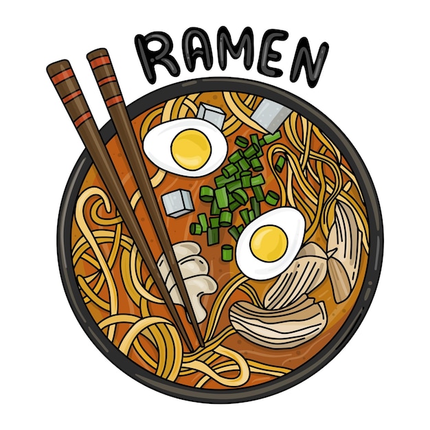 Vettore ramen con tagliatelle cipolla verde uovo e pollo cibo asiatico doodle illustrazione per menu e banner