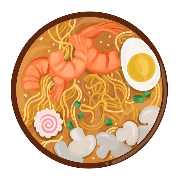 Vettore ramen con tagliatelle gamberetti uovo e funghi cibo asiatico doodle fumetto illustrazione