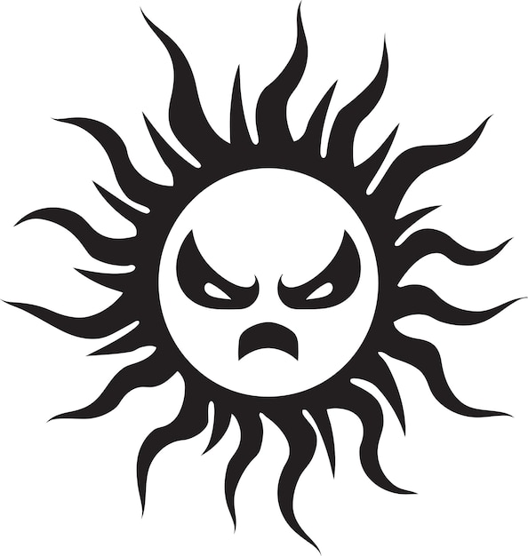 Vector rampant solar flare angry sun emblem scorched fury black icon of angry sun