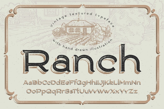 Ranch font set with country side illustration