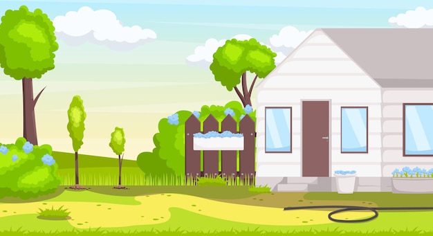 Ranch garden scenery summer nature with country house Yard with green trees and brown fence Farm house backyard cartoon landscape Village summer architecture white color home Vector illustration