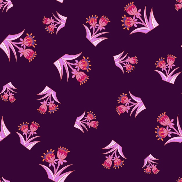 Random bell flower seamless pattern in pink bright colors. Purple dark background. Hand drawn blossom print. Graphic design for wrapping paper and fabric textures. Vector Illustration.