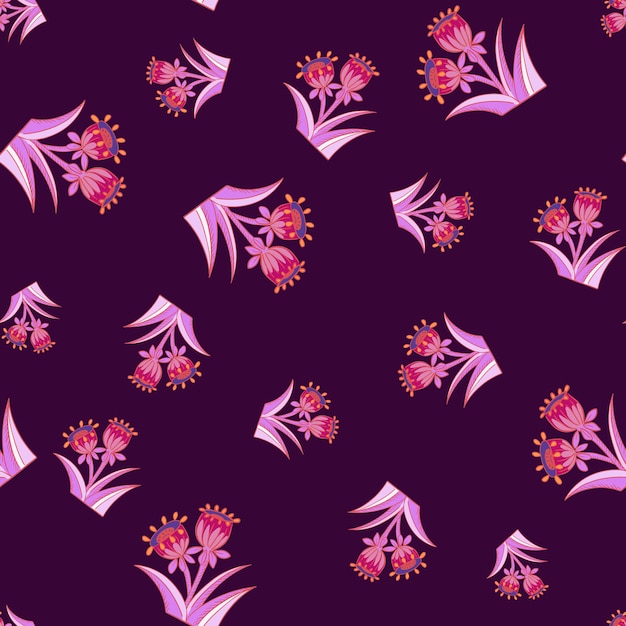 Random bell flower seamless pattern in pink bright colors. purple dark background. hand drawn blossom print. graphic design for wrapping paper and fabric textures. vector illustration.