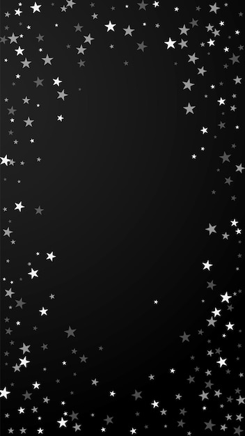 ランダムな流れ星のクリスマスの背景。黒の背景に微妙な空飛ぶ雪の結晶と星。立派な冬のシルバースノーフレークオーバーレイテンプレート。現代の縦のイラスト。