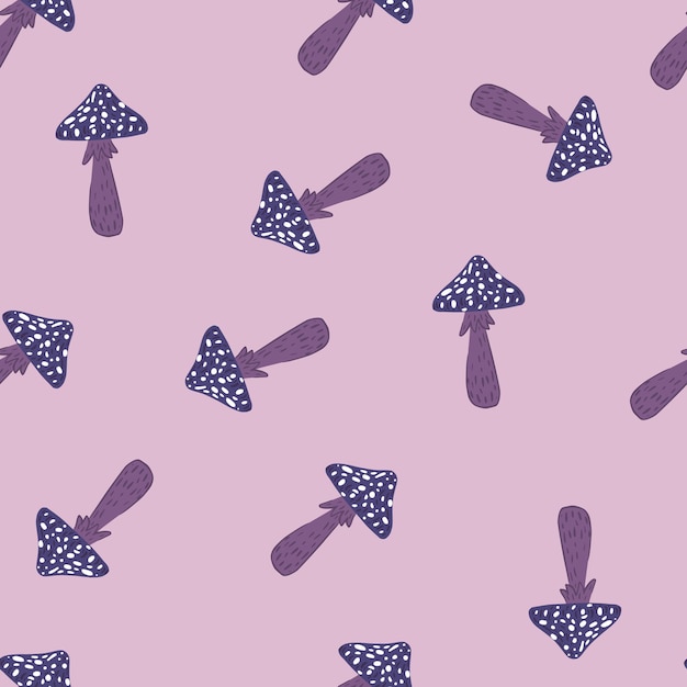 Random seamless pattern with doodle magic mushroom elements. purple and blue colored artwork. vector illustration.