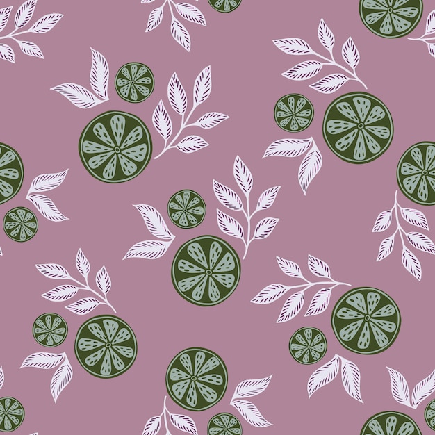 녹색 추상 라임 조각이 있는 임의의 매끄러운 여름 패턴은 잎으로 인쇄됩니다. 보라색 파스텔 배경입니다. 포장지 및 패브릭 질감을 위한 그래픽 디자인. 벡터 일러스트 레이 션.