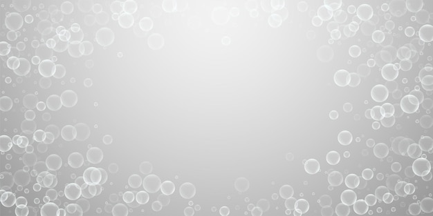 Random soap bubbles abstract background. blowing bubbles on light grey background. astonishing soapy foam overlay template. interesting vector illustration.