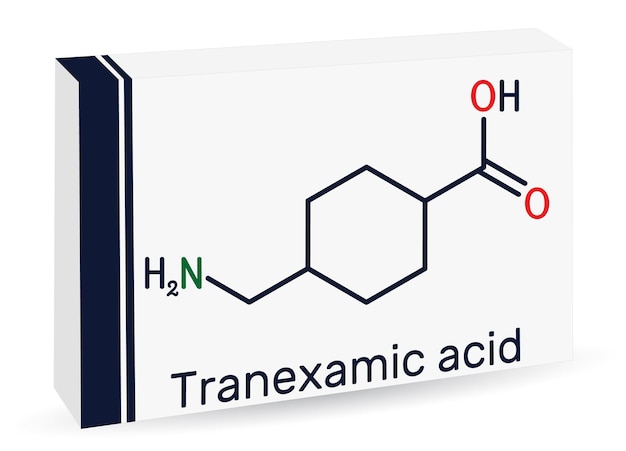 Vettore acido ranexamico molecola txa antifibrinolitico formula chimica scheletrica imballaggio in carta per farmaci