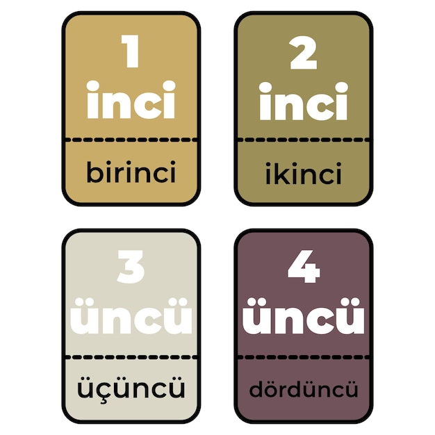 Rangtelwoorden van 1 tot 4 gekleurd flashcard-materiaal in turkse vectorillustratie