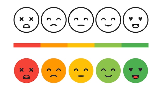 Vettore rango, livello di valutazione di soddisfazione. emozioni di feedback, faccine, illustrazione del concetto di vettore. esperienza utente. recensione del consumatore