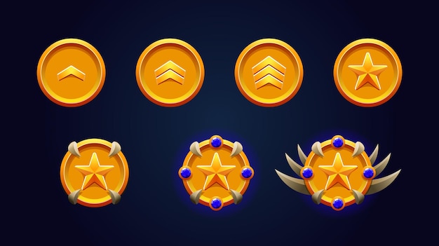 Vector rank patent gold set blue gemstones star and spikes 3d metal effect perfect for game achievements