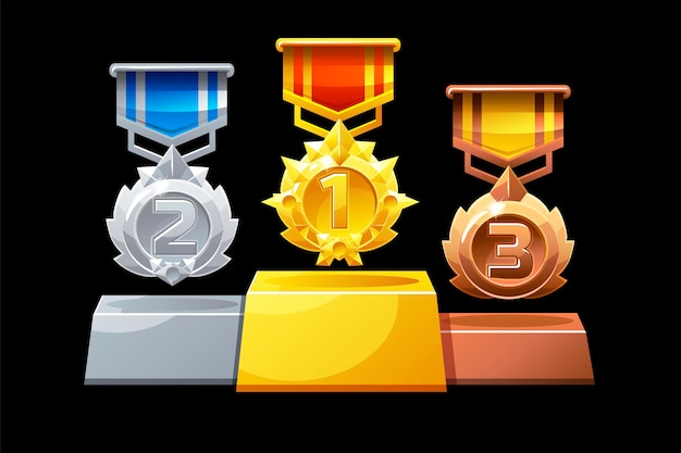 Le medaglie del podio classificate sono argento, bronzo e oro per i trofei dei premi del gioco per i vincitori