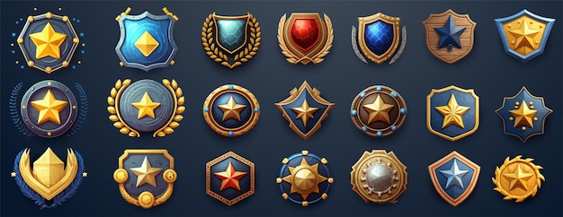 Ranking-badges met ster- en fantasieframe voor game-ui, gui-ontwerp. Een prachtige fantastische kinderwagen