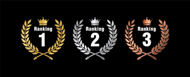 Ranking one gold, silver, and bronze laurel vector medals set, isolated, ranking two crown emblem