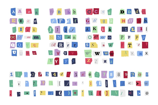 Ransom font Colorful criminal uppercase and lowercase letters numbers and punctuation marks cutout blackmail alphabet Vector anonymous typeface