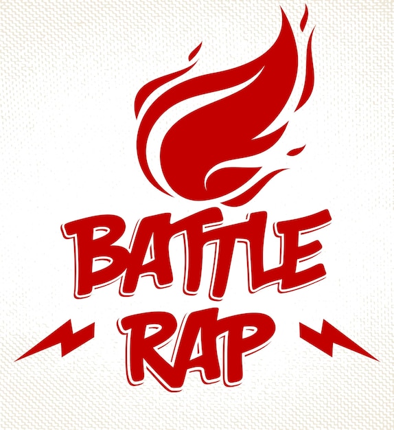 Rap Battle vector logo or emblem with flames of fire burning and lightning bolts, Hip Hop hot rhymes music, concert festival or night club label, t-shirt print.