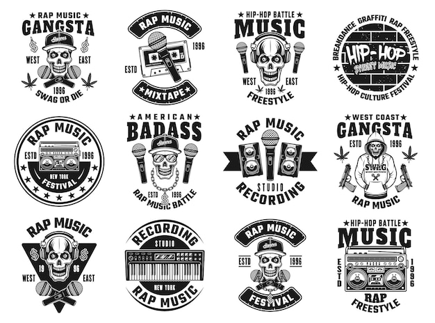 Vector rap and hip-hop set of twelve vector emblems, labels, badges or logos in monochrome style isolated on white background