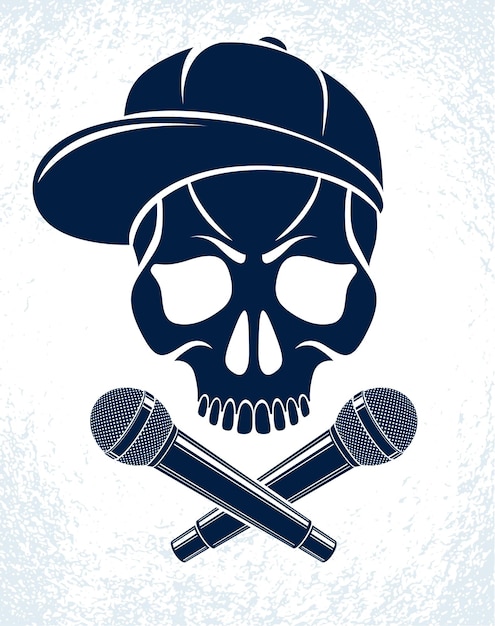 Vector rap music vector logo or emblem with aggressive skull and two microphones crossed like bones hip hop rhymes festival concert or night club party label tshirt print