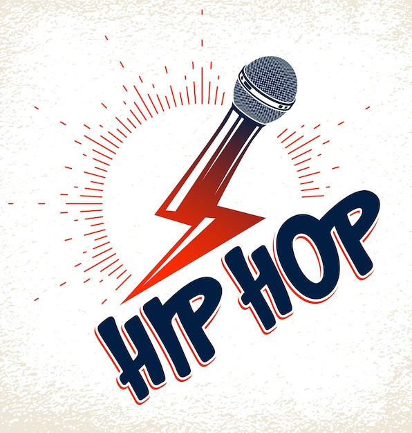 Rap music vector logo or emblem with microphone in a shape of lightning bolt, hip hop rhymes festival concert or night club party label, t-shirt print.