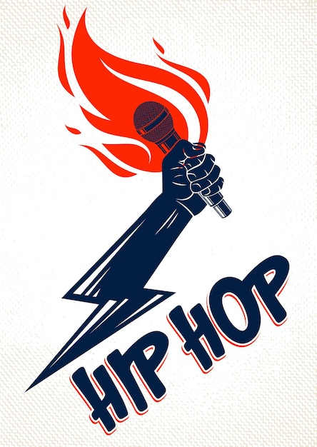 Rap muziek vector logo of embleem met microfoon in de hand vlammen en bliksemschicht, hot Hip Hop rhymes festival concert of nachtclub feest label, t-shirt print.