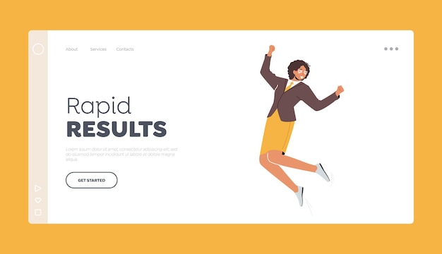 Rapid Results Landing Page Template Businesswoman Positive Emotions Adult Woman in Formal Clothes Jump