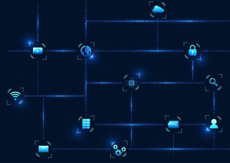 Vector 빠르게 발전하는 기술 혁신은 소프트웨어와 연결된 숫자 코드를 보여주는 이미지입니다.