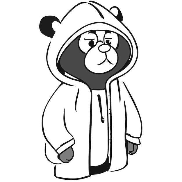 rapper grizzly bear with hoodie on vector illustration doodle line art