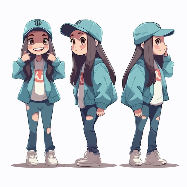 Rapper kid in fashionable clothes cartoon illustration young girl multipose