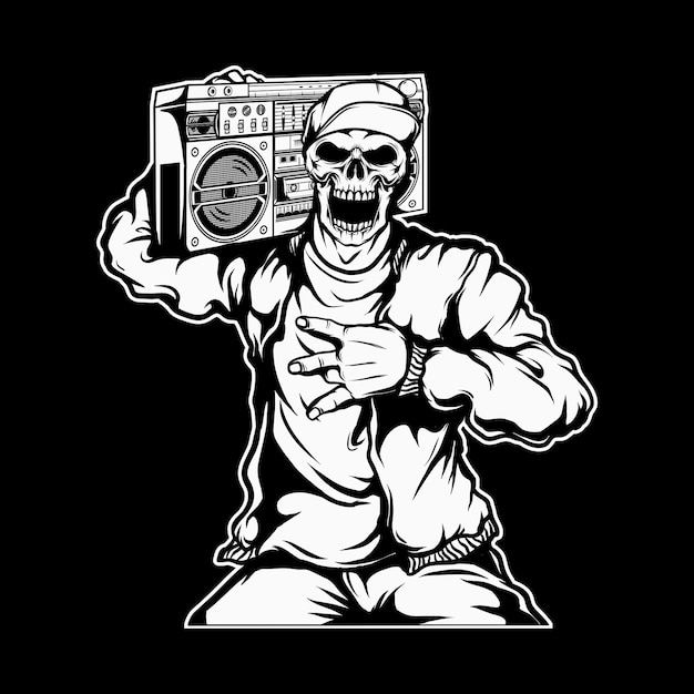 Rapper skull holding a boombox