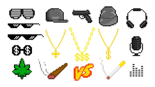 Rapper trending pixel things set. Hip hop baseball caps with gold chains with dollar sign and gun. Fashionable sunglasses and smoking jambs vc rap battle symbol black vector art.