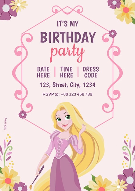 Vettore invito di compleanno di rapunzel